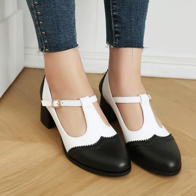 Women's Round Toe T Strap Mary Janes Square Heel Pumps