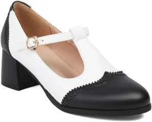 Women's Round Toe T Strap Mary Janes Square Heel Pumps