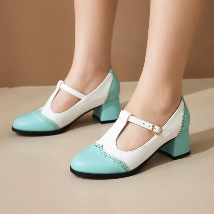 Women's Round Toe T Strap Mary Janes Square Heel Pumps