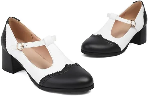 Women's Round Toe T Strap Mary Janes Square Heel Pumps