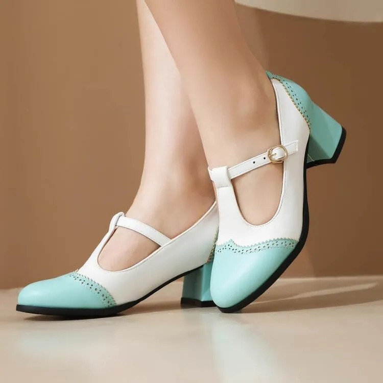 Women's Round Toe T Strap Mary Janes Square Heel Pumps