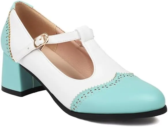 Women's Round Toe T Strap Mary Janes Square Heel Pumps