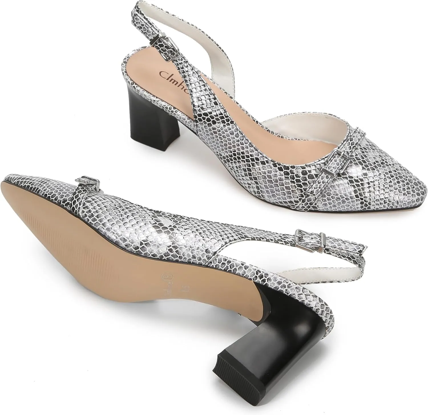 Women's Slingback Pumps Block Heel Big Pointed Toe Shape Snake PU Leather Sexy Dress Shoes