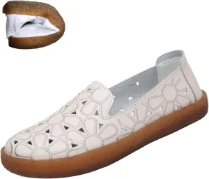 Women's Slip On Casual Leather Shoes,Trendy Embroidery Comfort Non-Slip Oxford Softsole Flat Walking Nursing Loafers