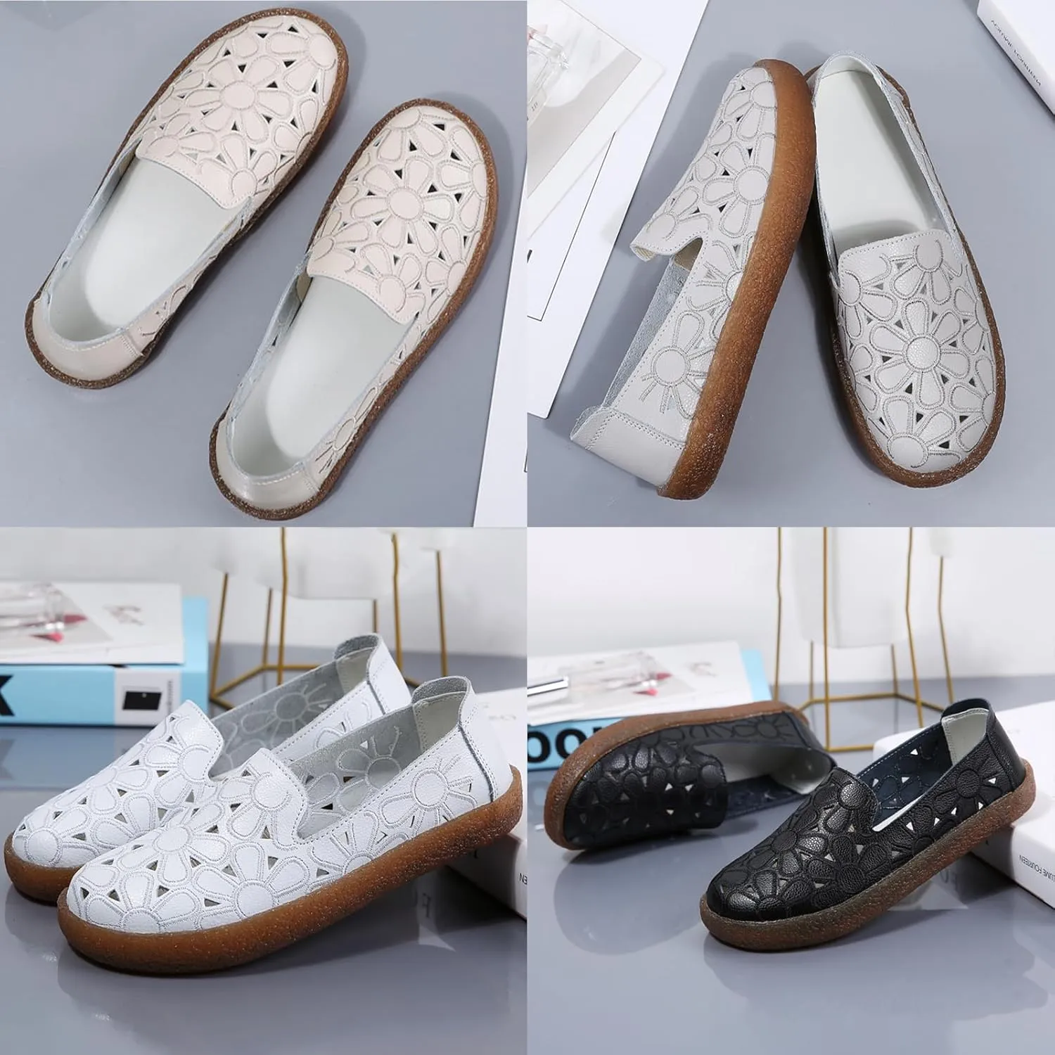 Women's Slip On Casual Leather Shoes,Trendy Embroidery Comfort Non-Slip Oxford Softsole Flat Walking Nursing Loafers