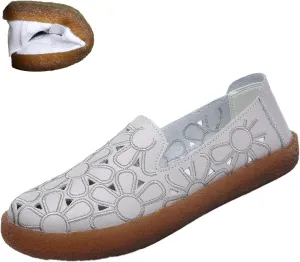 Women's Slip On Casual Leather Shoes,Trendy Embroidery Comfort Non-Slip Oxford Softsole Flat Walking Nursing Loafers