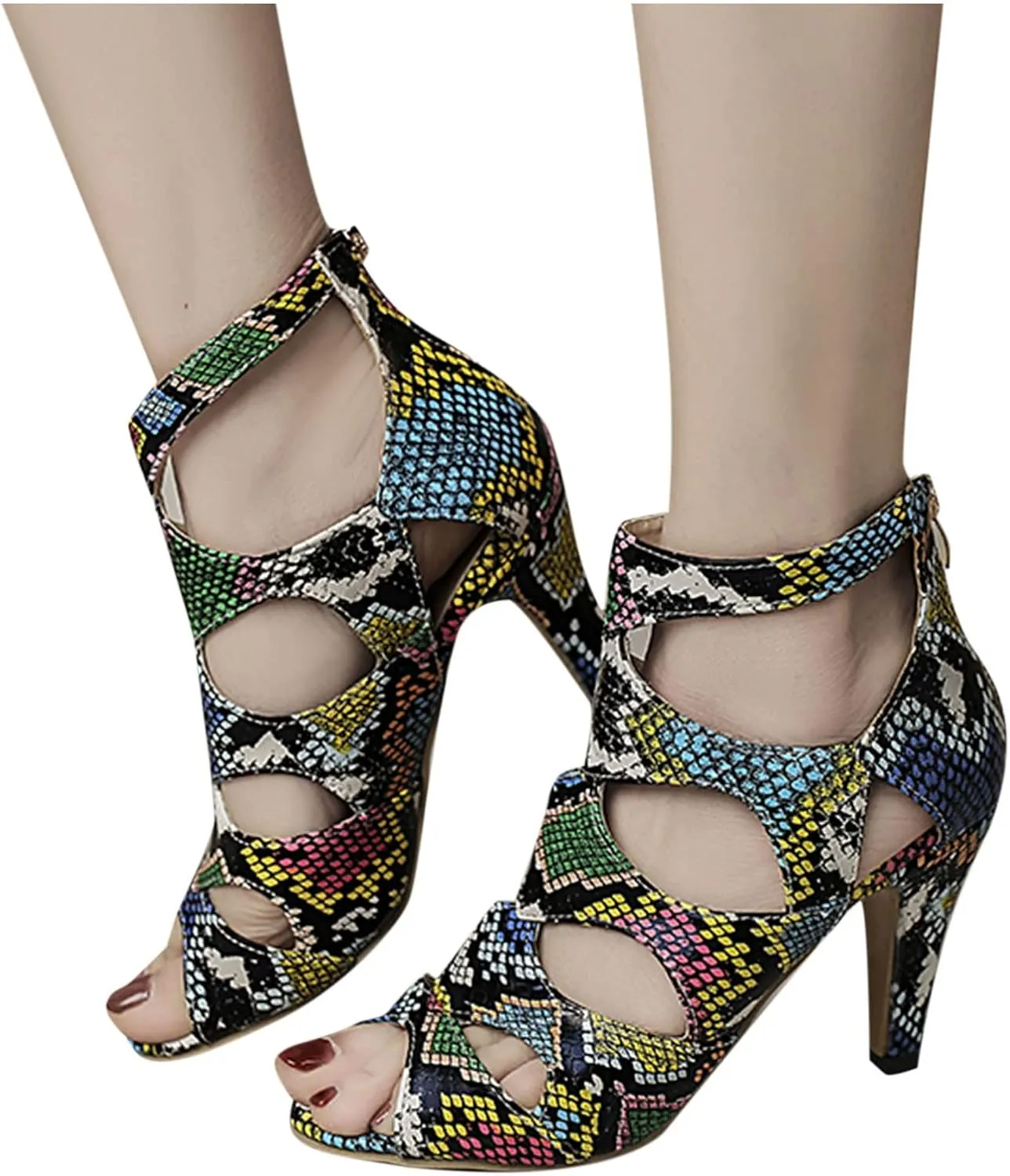 Womens Snake Pattern Stilettos Sandals Fashion Back Zipper Fish Mouth Hollow Open Toe High Heels Shoes Summer Comfortable Casual Roman Sandalias