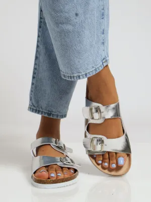 X-Double Strap Buckle Metallic Push In Mule Sandal - Silver
