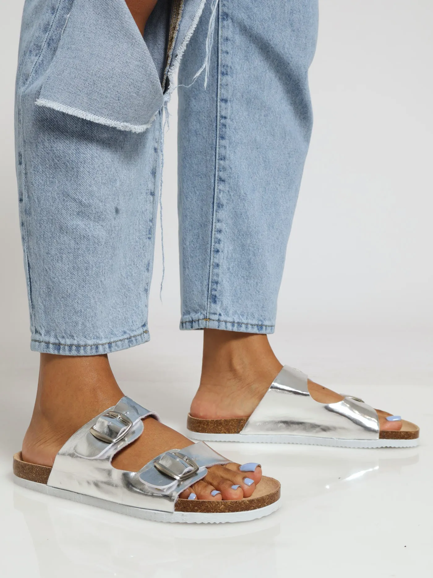 X-Double Strap Buckle Metallic Push In Mule Sandal - Silver