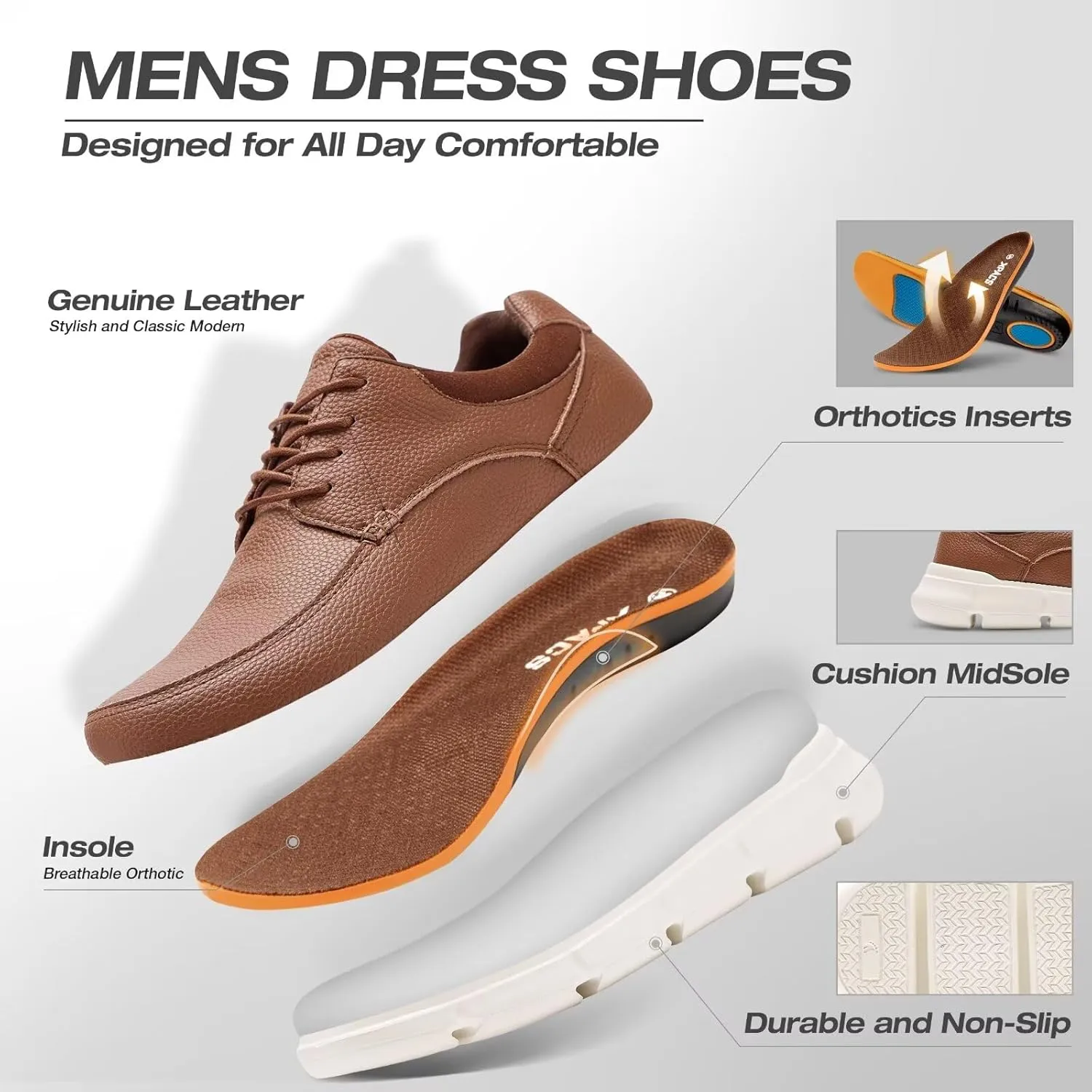 XPACS Men's Orthopedic Leather Dress Walking Shoes: Comfortable Arch Support Plantar Fasciitis Orthotic Formal Tennis Oxford, Flat Feet Casual Business Working Shoes for Foot and Heel Pain Relief