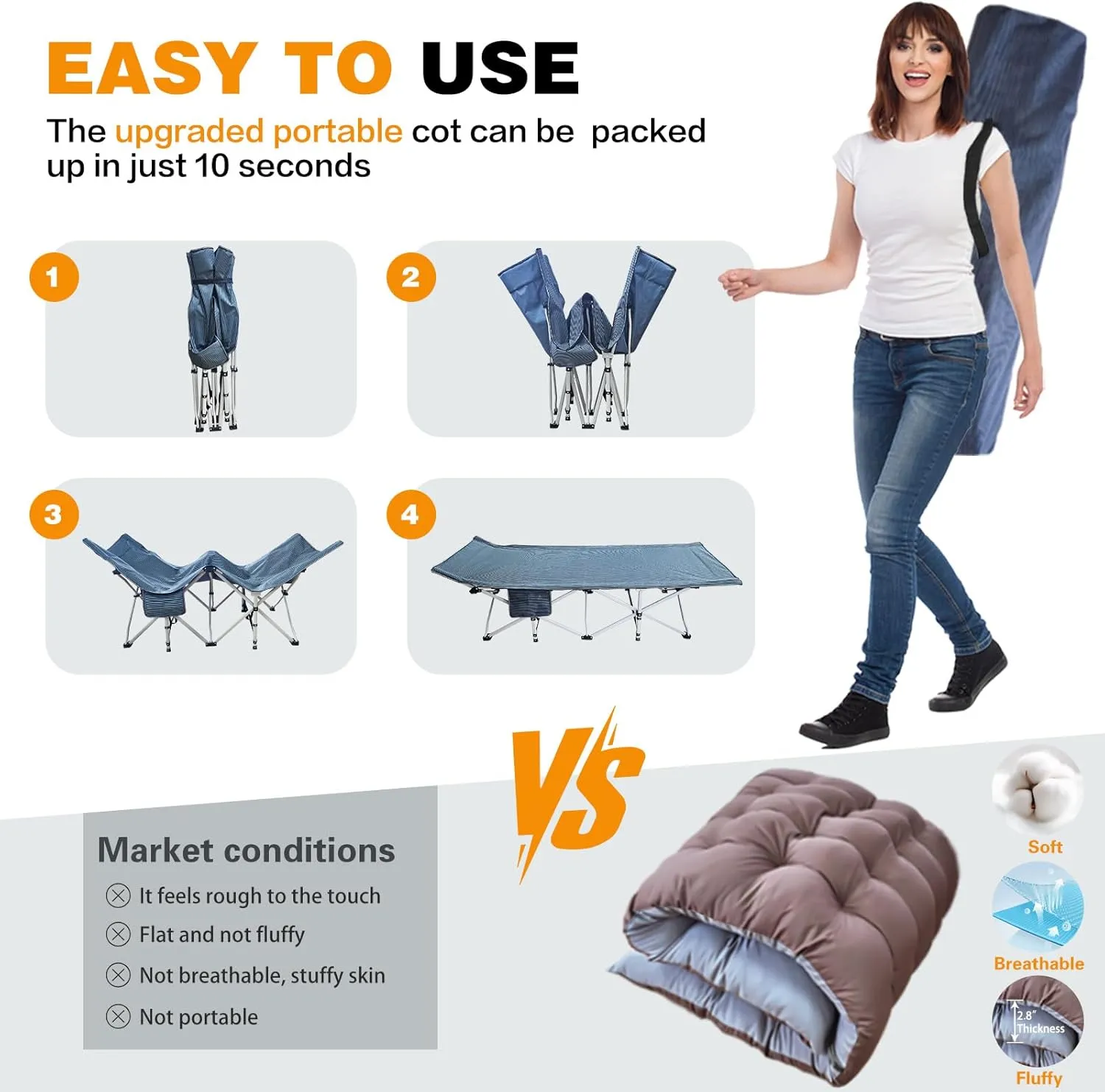 XXL Camping Cots Extra Width Camping Bed with Comfortable Mat 2 Pack Oversize Sleeping Cots for Adults Cots with Carry Bag for Adults Portable Folding Cot Nap Office Vacation Indoor Easy to Set Up