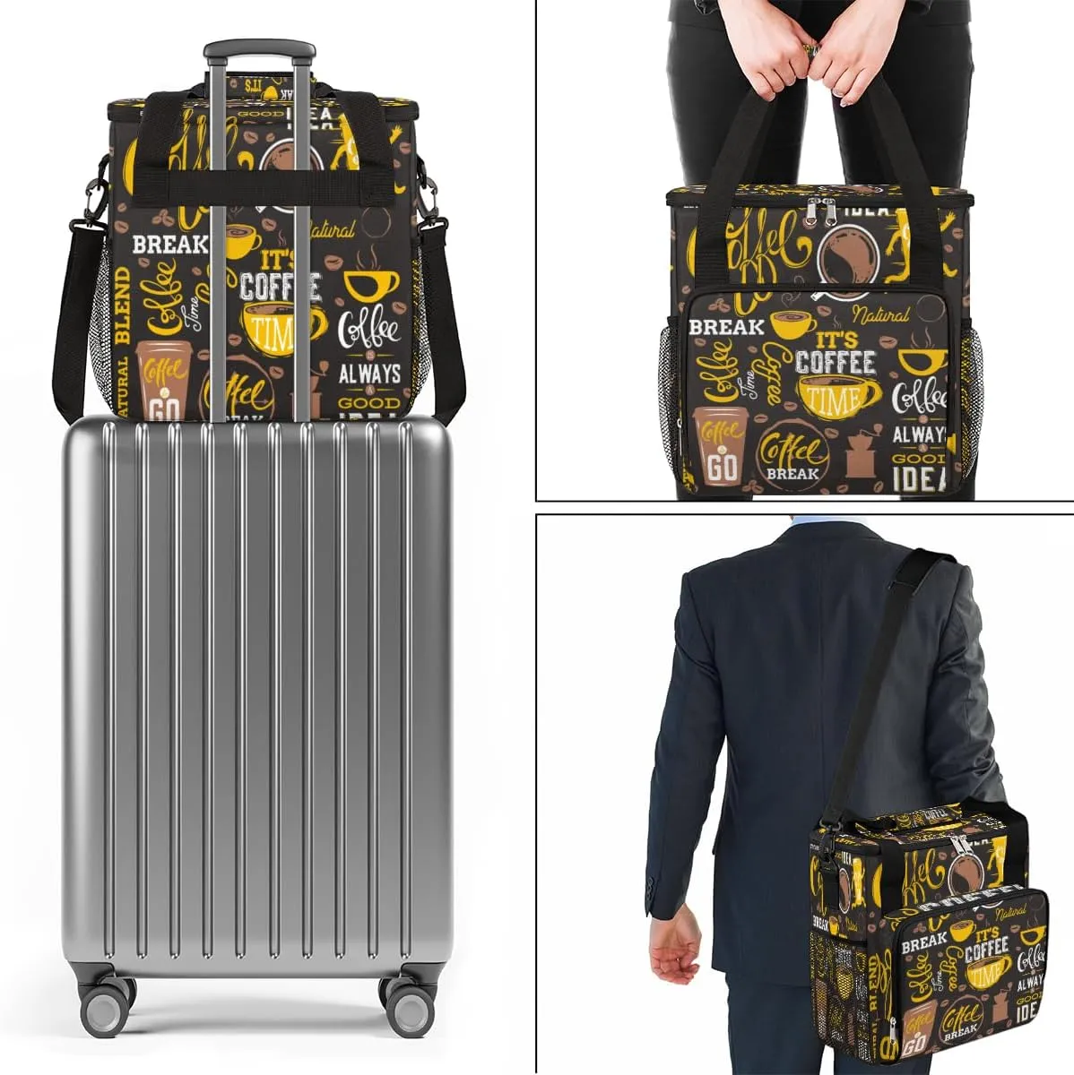 Yellow Coffee Break Cafe Maker Carring Bag Travel Carrying Storage Tote Compatible with Keurig K-Mini or Plus Portable Single Serve Brewer Case Pockets for K-cup Pods