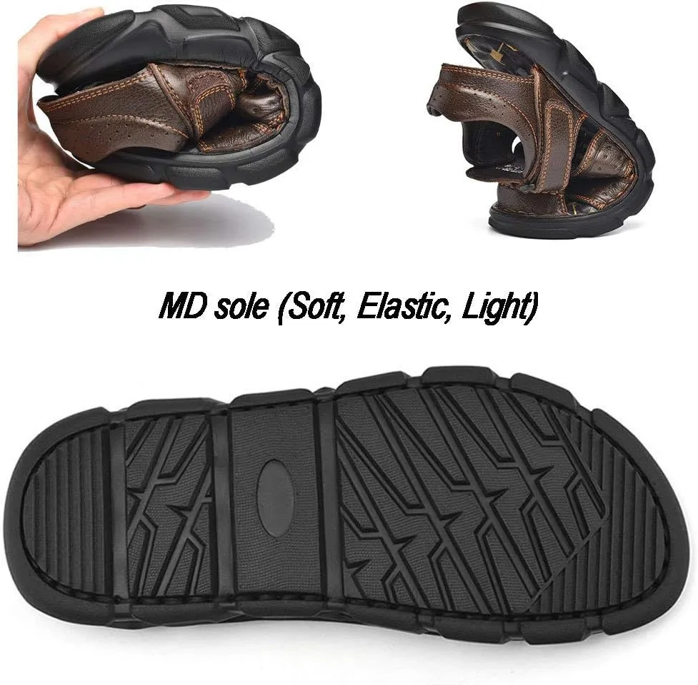 YONGJIA Mens Leather Handmade Sandals Closed Toe Casual Outdoor Adjustable Summer Shoes