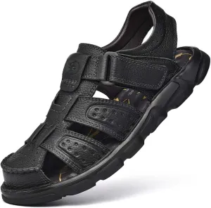 YONGJIA Mens Leather Handmade Sandals Closed Toe Casual Outdoor Adjustable Summer Shoes