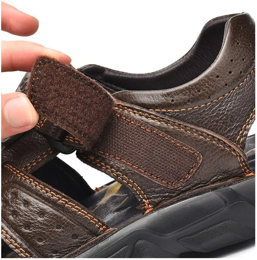 YONGJIA Mens Leather Handmade Sandals Closed Toe Casual Outdoor Adjustable Summer Shoes