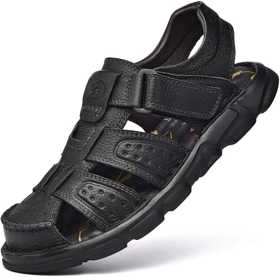 YONGJIA Mens Leather Handmade Sandals Closed Toe Casual Outdoor Adjustable Summer Shoes