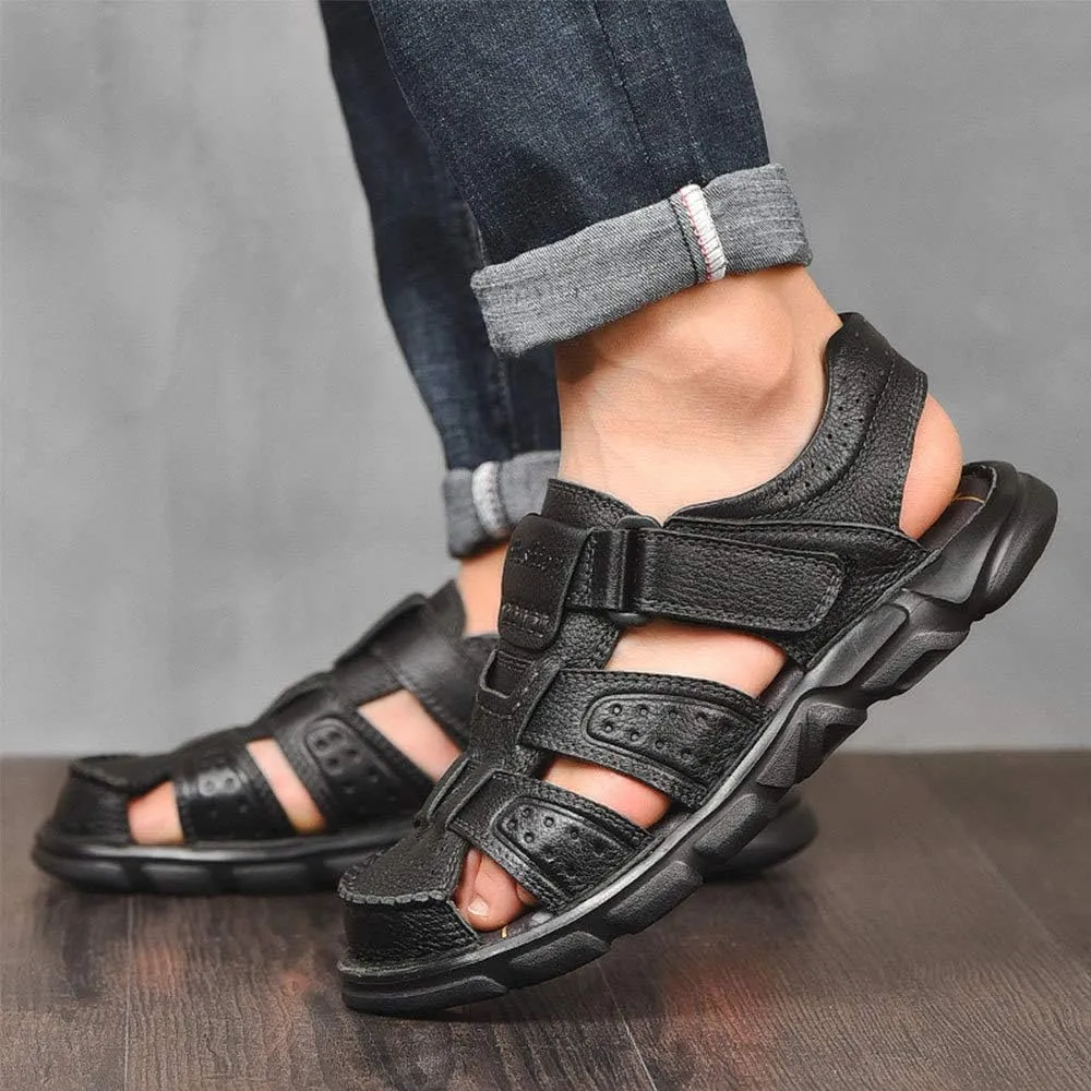 YONGJIA Mens Leather Handmade Sandals Closed Toe Casual Outdoor Adjustable Summer Shoes