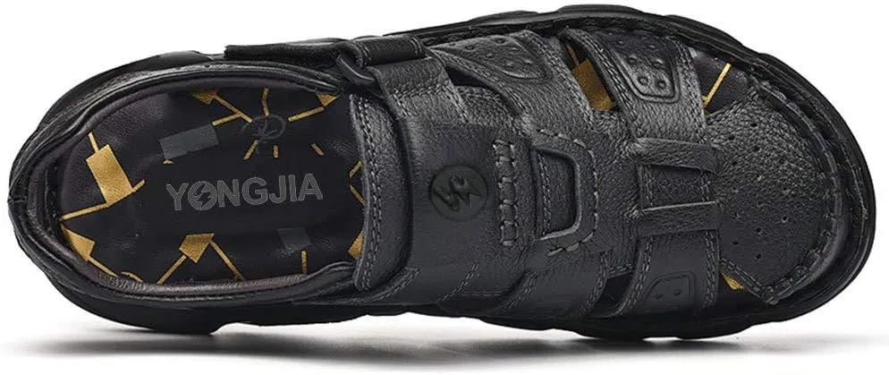 YONGJIA Mens Leather Handmade Sandals Closed Toe Casual Outdoor Adjustable Summer Shoes