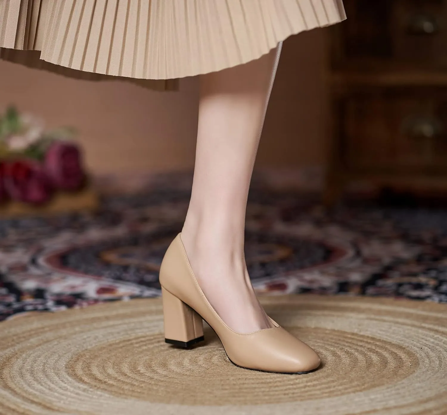 YooPrettyz Women Office Leather Pump Shoe Daily Wear Work Pump Block Heel Square Toe Polished Mid Heels