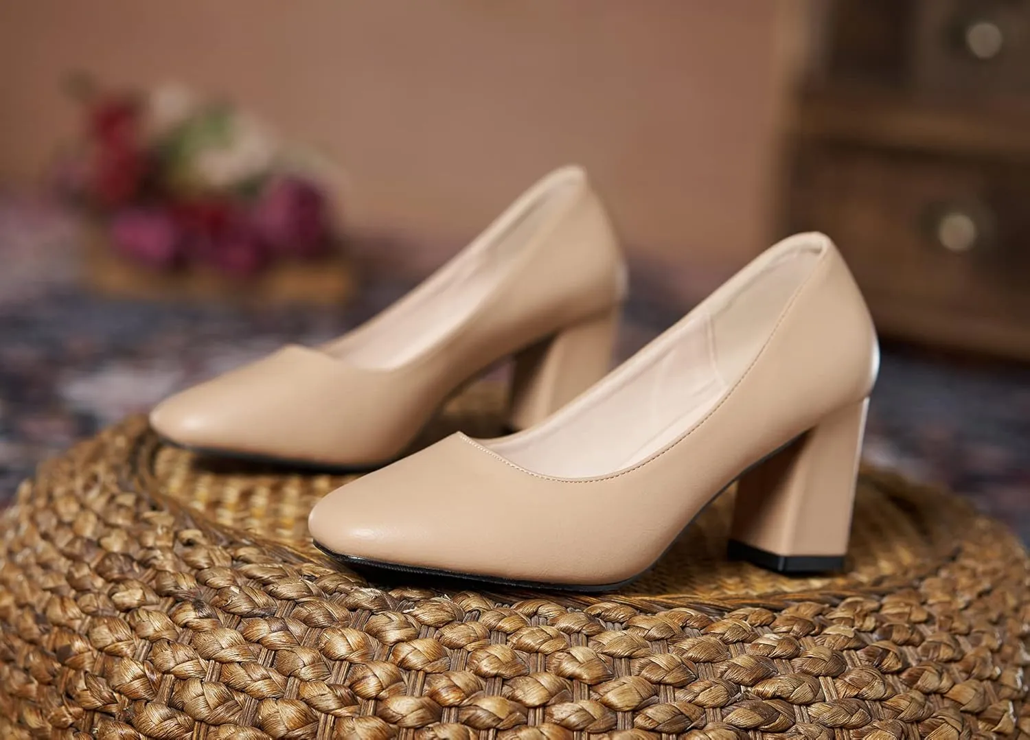 YooPrettyz Women Office Leather Pump Shoe Daily Wear Work Pump Block Heel Square Toe Polished Mid Heels