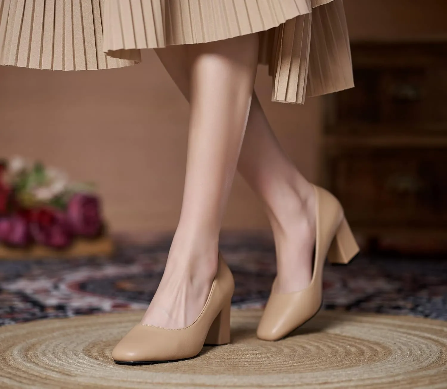 YooPrettyz Women Office Leather Pump Shoe Daily Wear Work Pump Block Heel Square Toe Polished Mid Heels