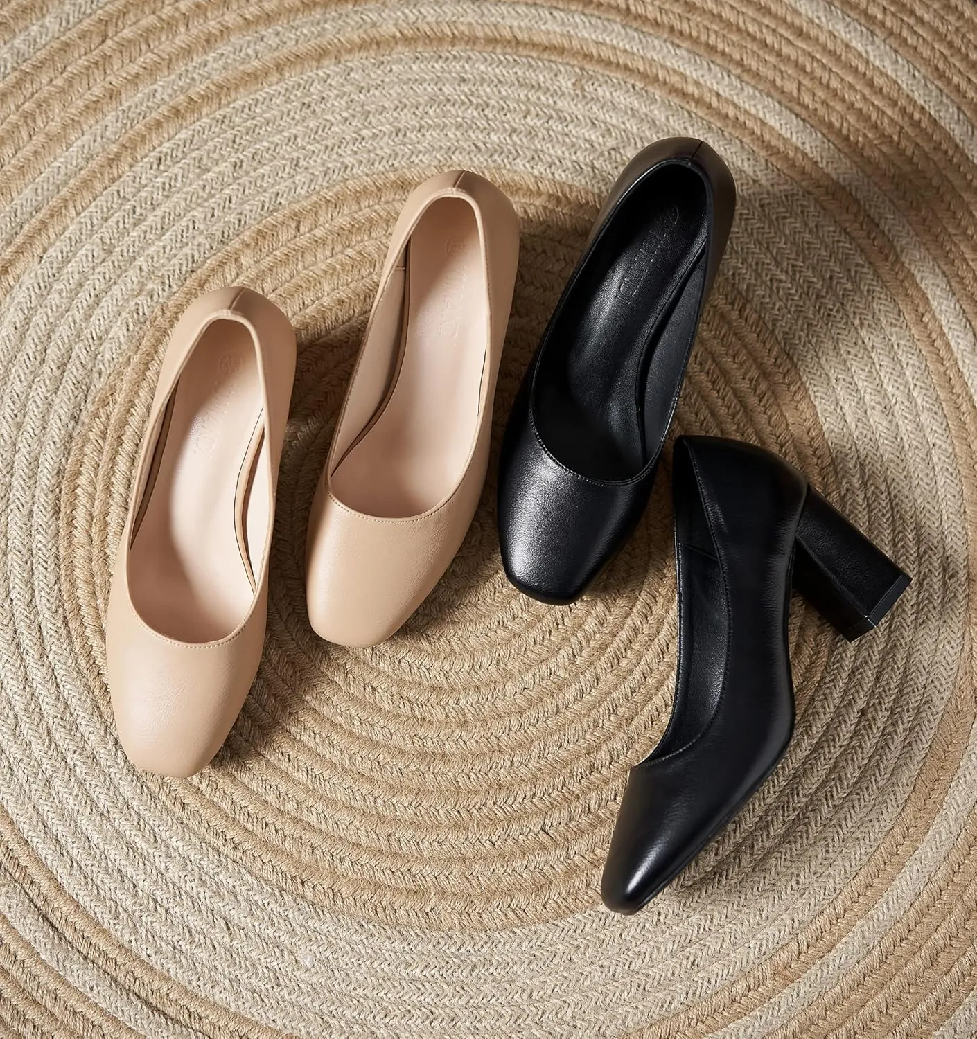 YooPrettyz Women Office Leather Pump Shoe Daily Wear Work Pump Block Heel Square Toe Polished Mid Heels