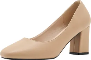 YooPrettyz Women Office Leather Pump Shoe Daily Wear Work Pump Block Heel Square Toe Polished Mid Heels