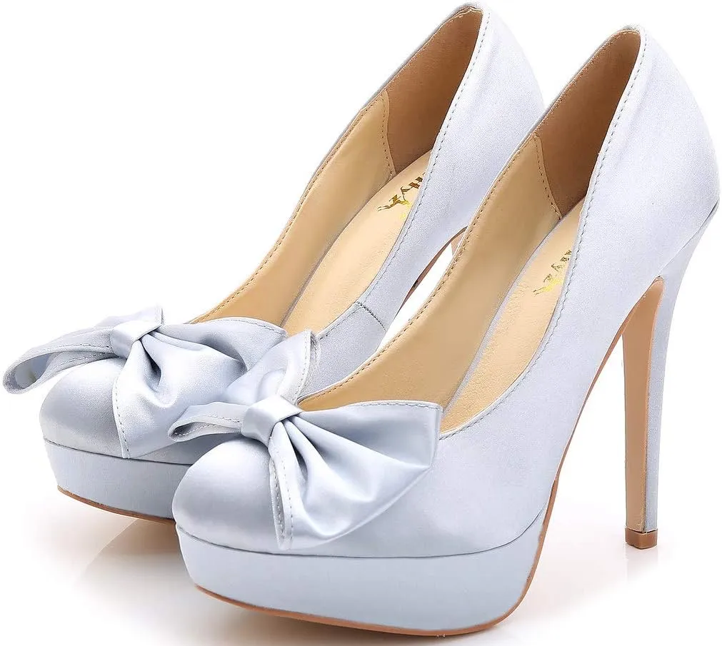 YooPrettyz Women Oversized Bow Wedding High Heels Slip On Satin Evening Bridesmaid Pumps