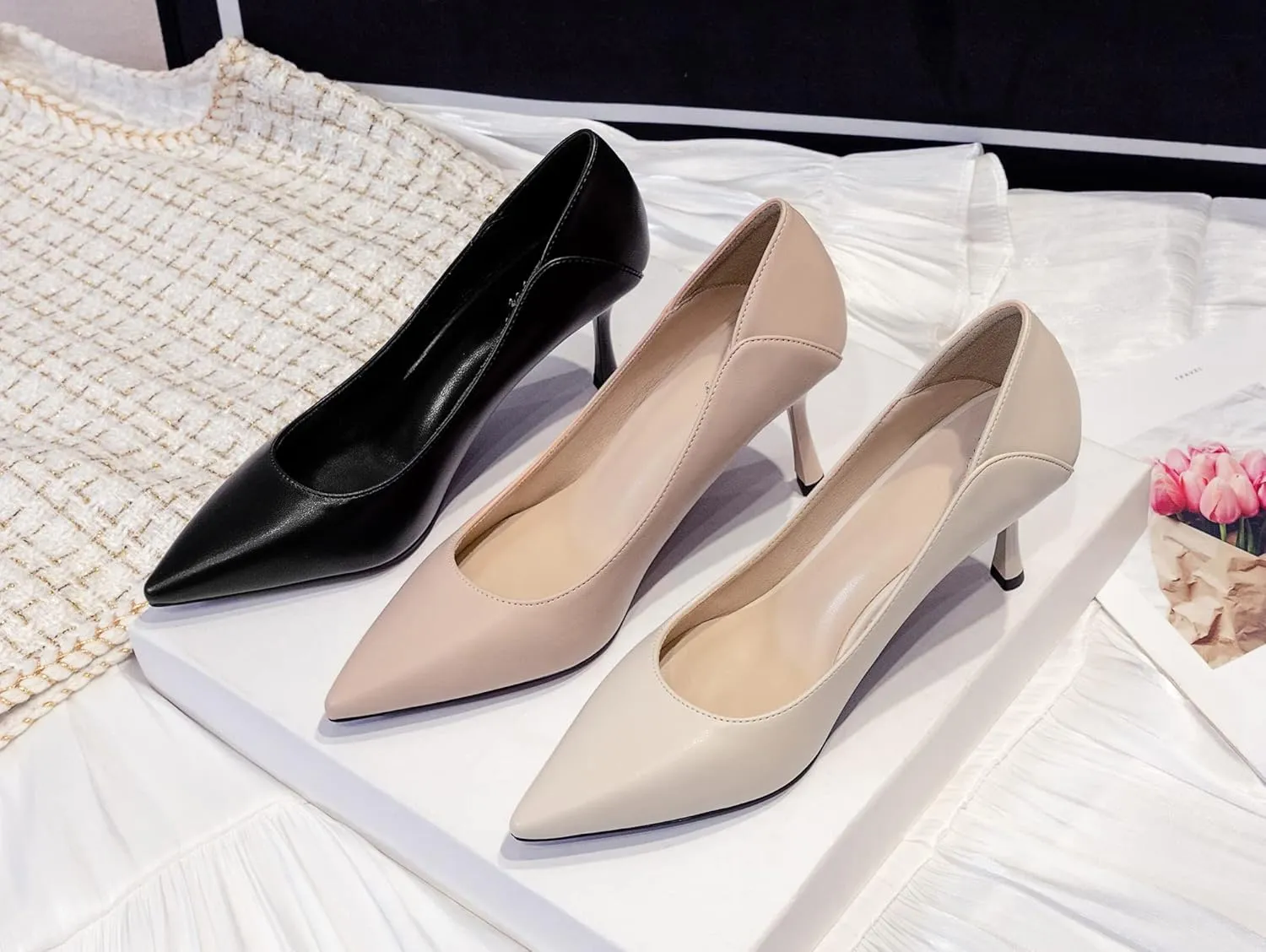 YooPrettyz Women Pointed Toe Dressy Pumps Shoes Polished Leather Office Pumps Foldable Back Slide Heels
