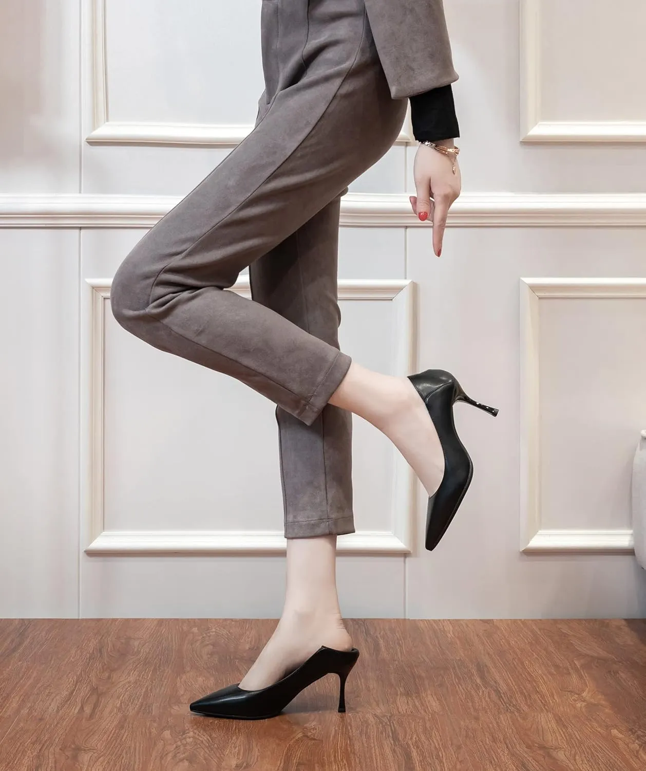 YooPrettyz Women Pointed Toe Dressy Pumps Shoes Polished Leather Office Pumps Foldable Back Slide Heels