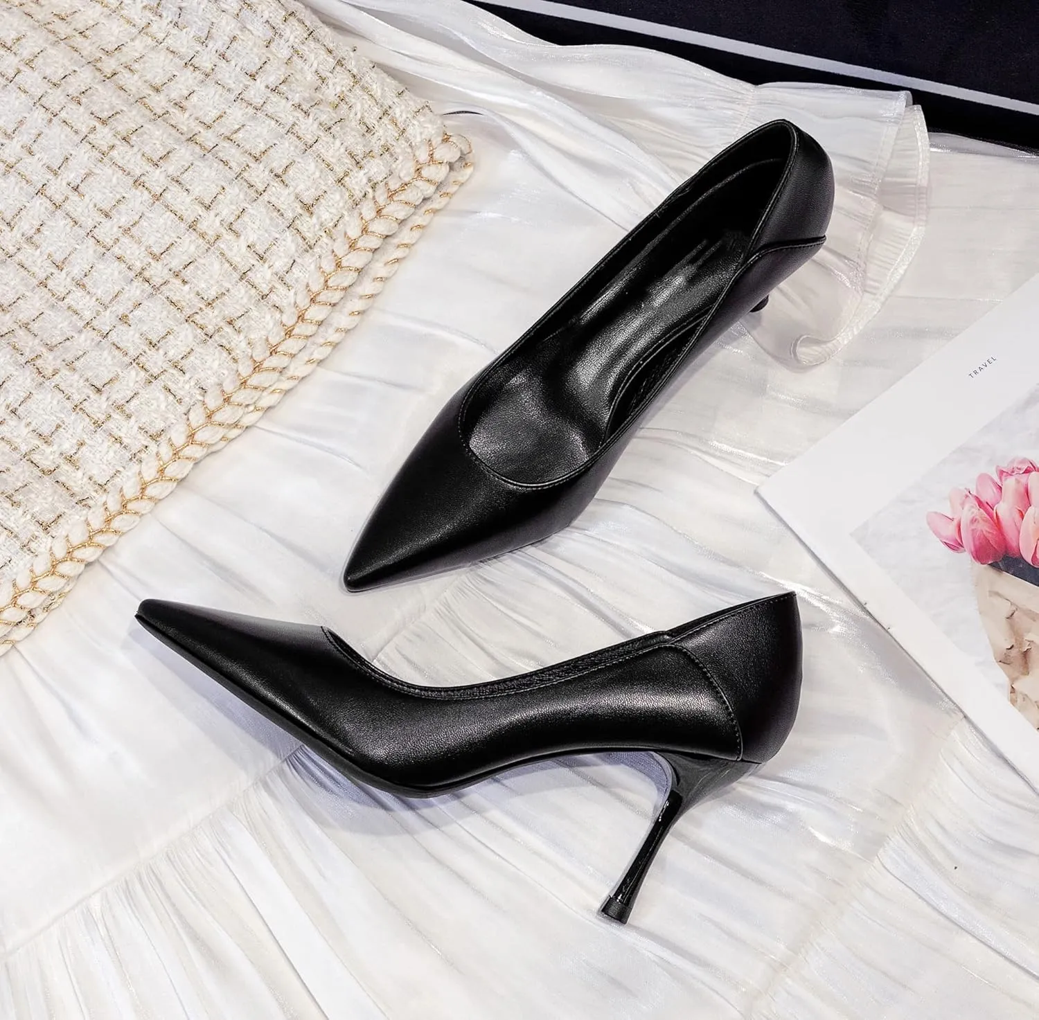 YooPrettyz Women Pointed Toe Dressy Pumps Shoes Polished Leather Office Pumps Foldable Back Slide Heels