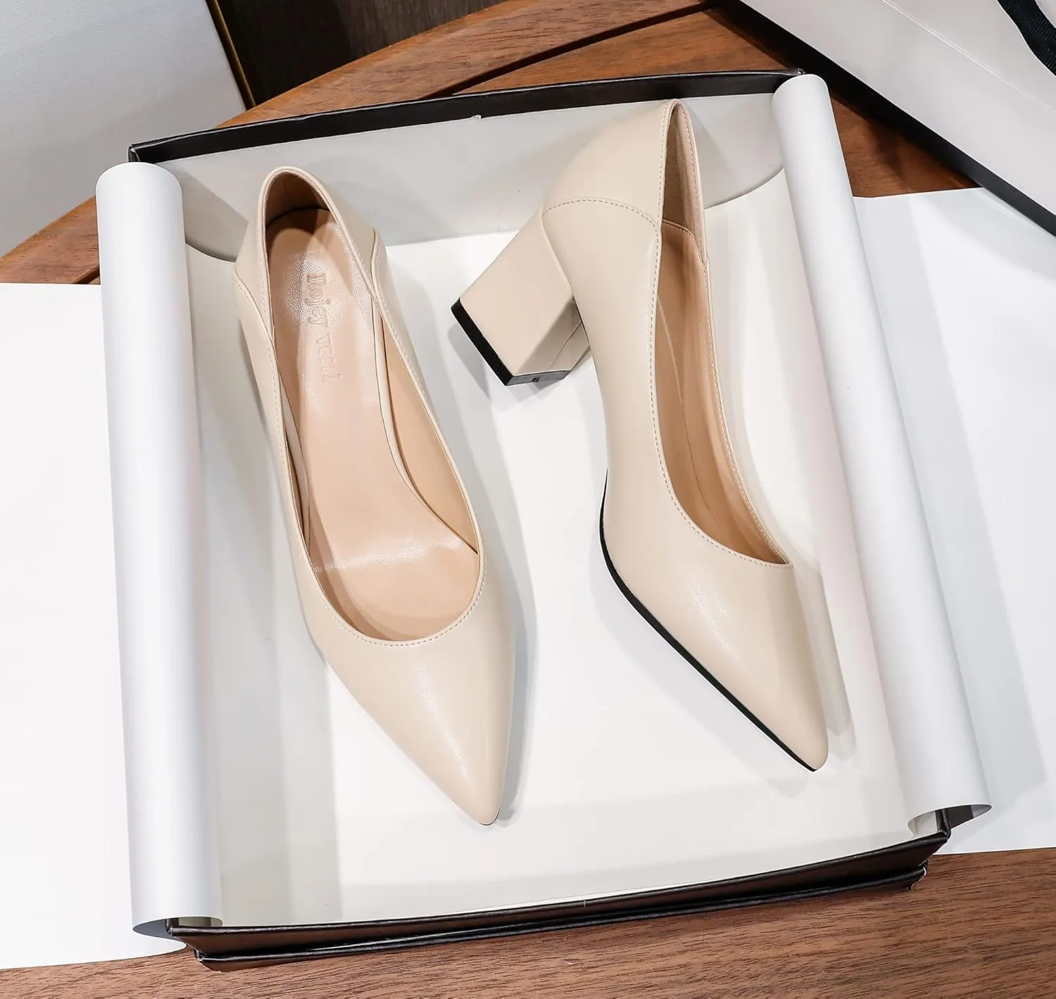 YooPrettyz Women Pointed Toe Dressy Pumps Sleek Leather Office Low Heels Go to Pumps Foldable Block Heels