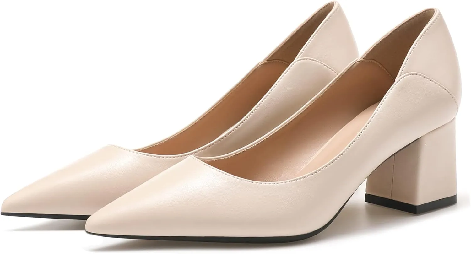 YooPrettyz Women Pointed Toe Dressy Pumps Sleek Leather Office Low Heels Go to Pumps Foldable Block Heels