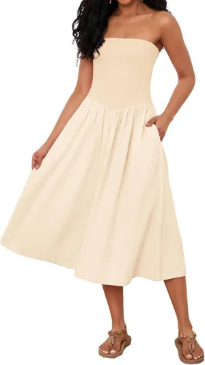 Ythomm Women Strapless Maxi Dress Casual Patchwork Pleated Backless Flowy Long Dress Summer Solid Tube Dresses with Pocket