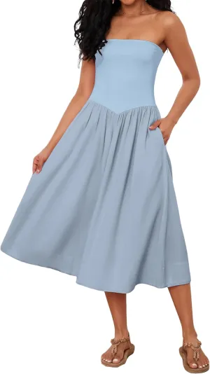 Ythomm Women Strapless Maxi Dress Casual Patchwork Pleated Backless Flowy Long Dress Summer Solid Tube Dresses with Pocket