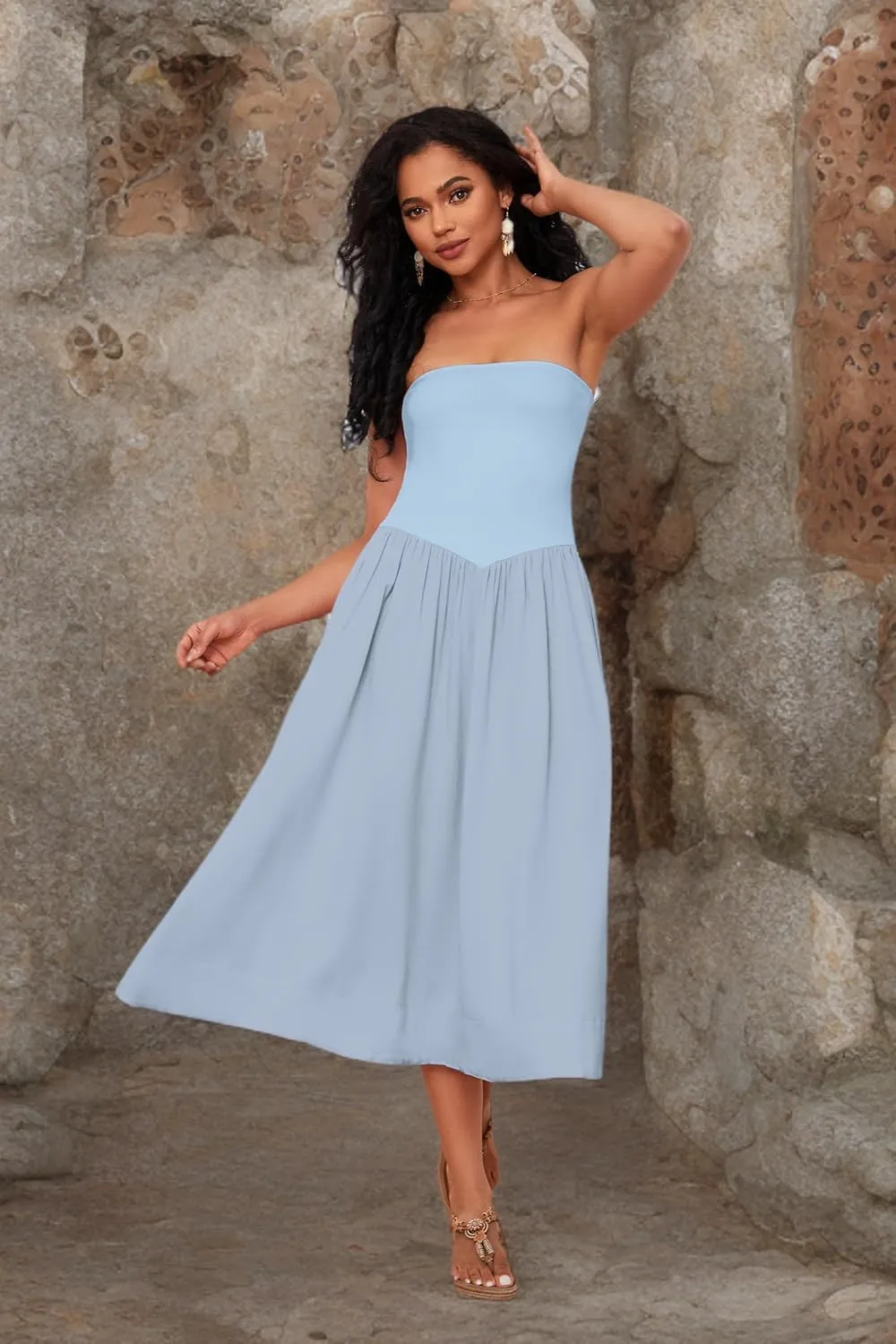 Ythomm Women Strapless Maxi Dress Casual Patchwork Pleated Backless Flowy Long Dress Summer Solid Tube Dresses with Pocket