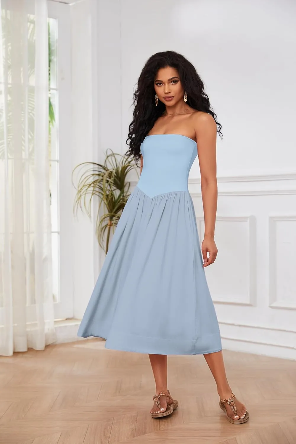 Ythomm Women Strapless Maxi Dress Casual Patchwork Pleated Backless Flowy Long Dress Summer Solid Tube Dresses with Pocket
