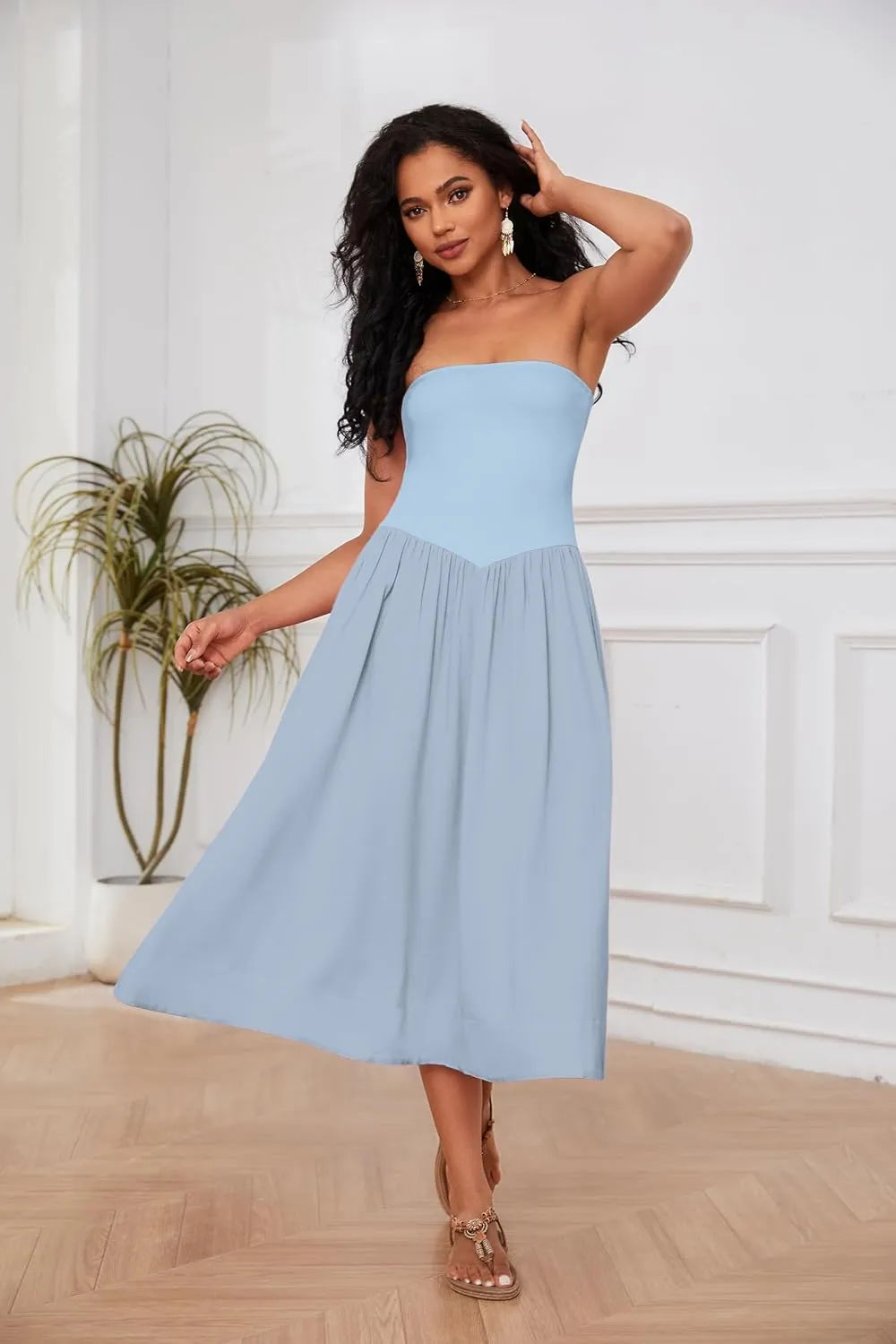 Ythomm Women Strapless Maxi Dress Casual Patchwork Pleated Backless Flowy Long Dress Summer Solid Tube Dresses with Pocket