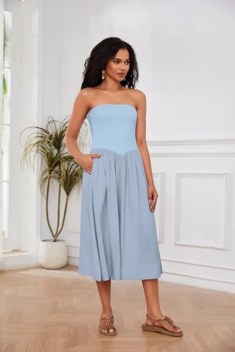 Ythomm Women Strapless Maxi Dress Casual Patchwork Pleated Backless Flowy Long Dress Summer Solid Tube Dresses with Pocket