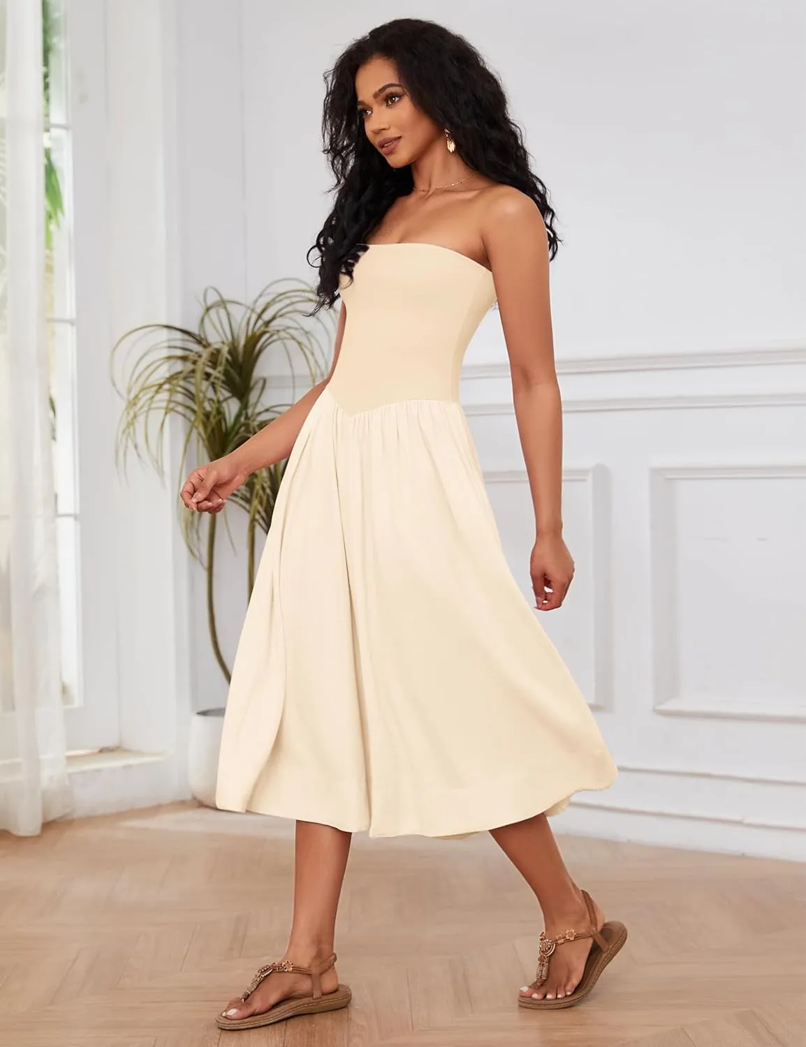 Ythomm Women Strapless Maxi Dress Casual Patchwork Pleated Backless Flowy Long Dress Summer Solid Tube Dresses with Pocket