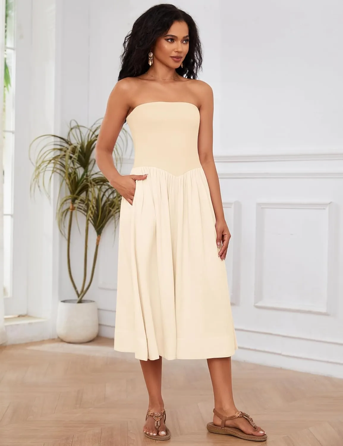 Ythomm Women Strapless Maxi Dress Casual Patchwork Pleated Backless Flowy Long Dress Summer Solid Tube Dresses with Pocket
