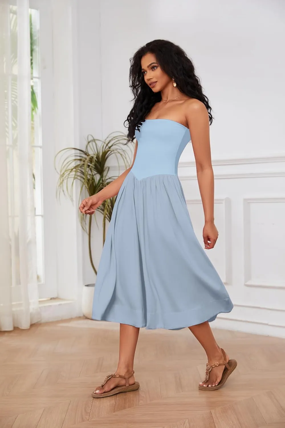 Ythomm Women Strapless Maxi Dress Casual Patchwork Pleated Backless Flowy Long Dress Summer Solid Tube Dresses with Pocket