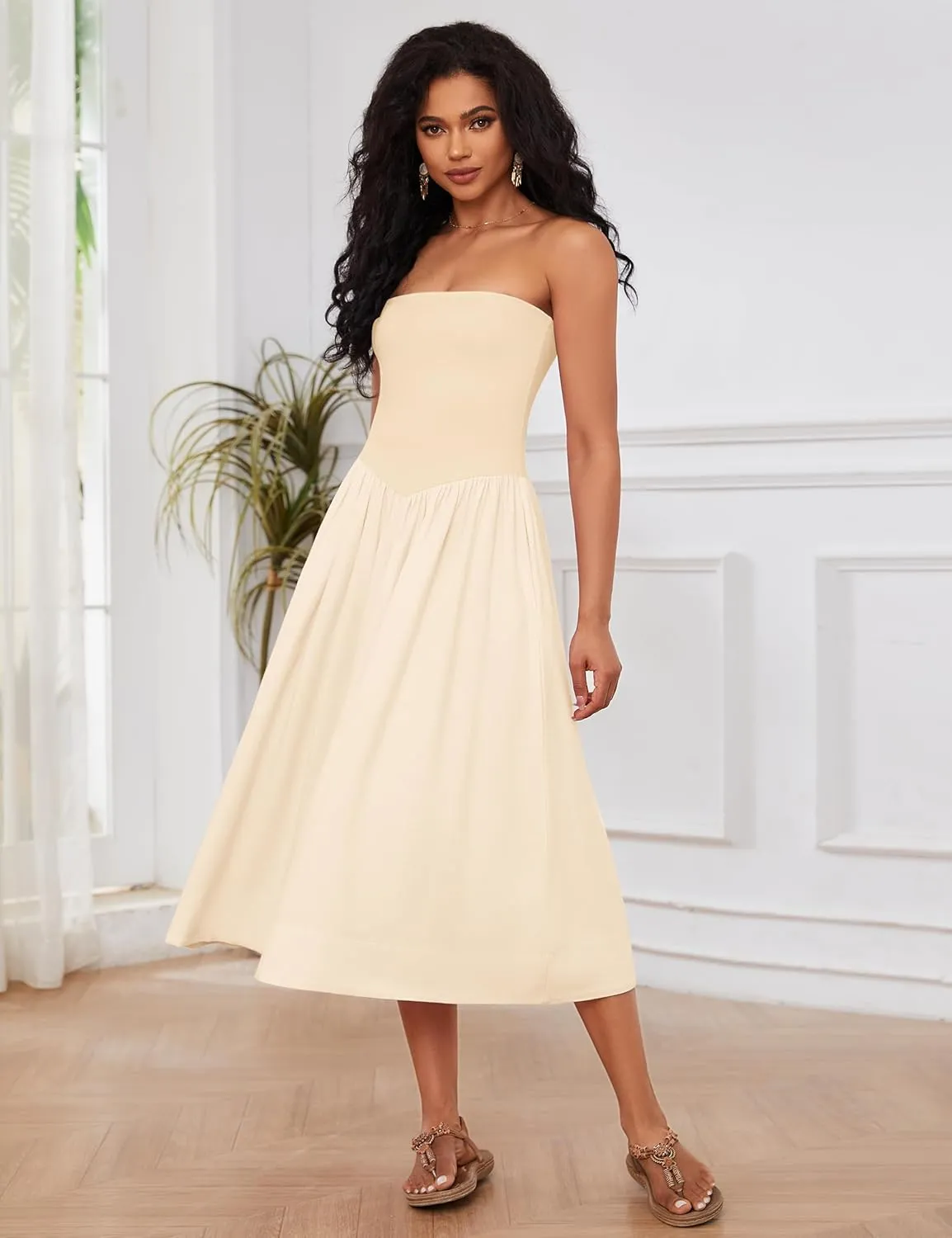 Ythomm Women Strapless Maxi Dress Casual Patchwork Pleated Backless Flowy Long Dress Summer Solid Tube Dresses with Pocket