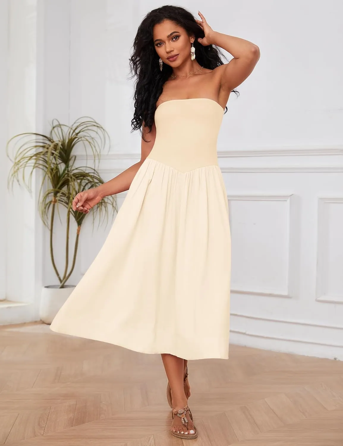Ythomm Women Strapless Maxi Dress Casual Patchwork Pleated Backless Flowy Long Dress Summer Solid Tube Dresses with Pocket