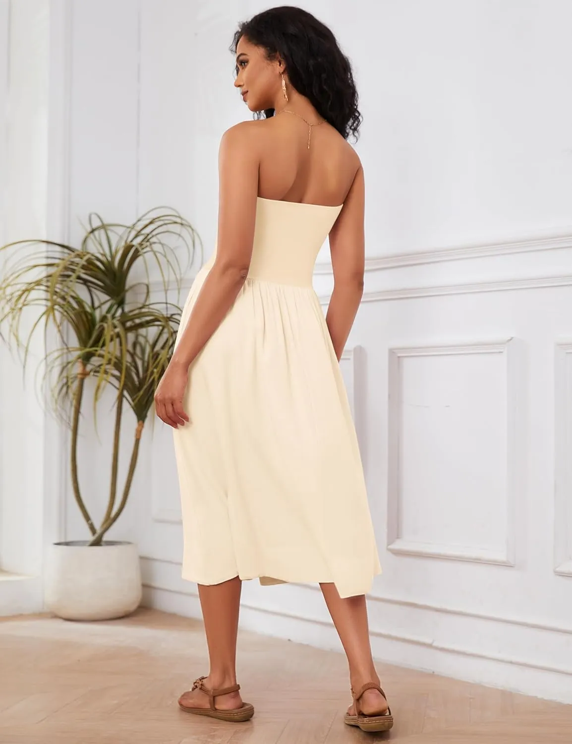 Ythomm Women Strapless Maxi Dress Casual Patchwork Pleated Backless Flowy Long Dress Summer Solid Tube Dresses with Pocket