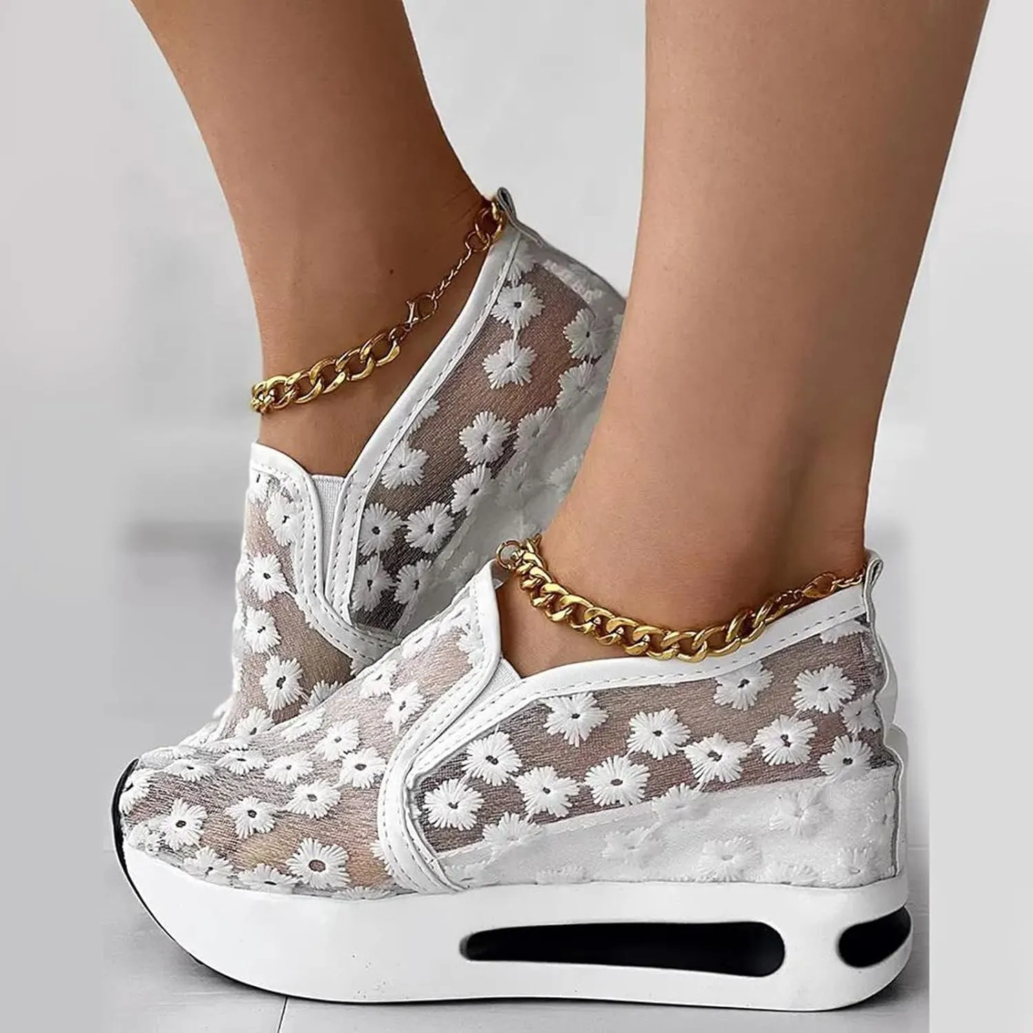 ZBYY Sneakers for Women Floral Embroidery Breathable Mesh Sneakers Slip On Sneakers Platform Wedge Sneakers Dressy Loafers