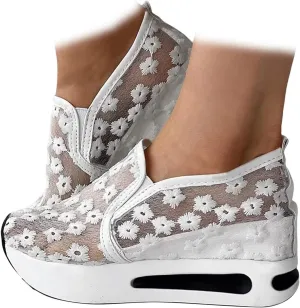 ZBYY Sneakers for Women Floral Embroidery Breathable Mesh Sneakers Slip On Sneakers Platform Wedge Sneakers Dressy Loafers