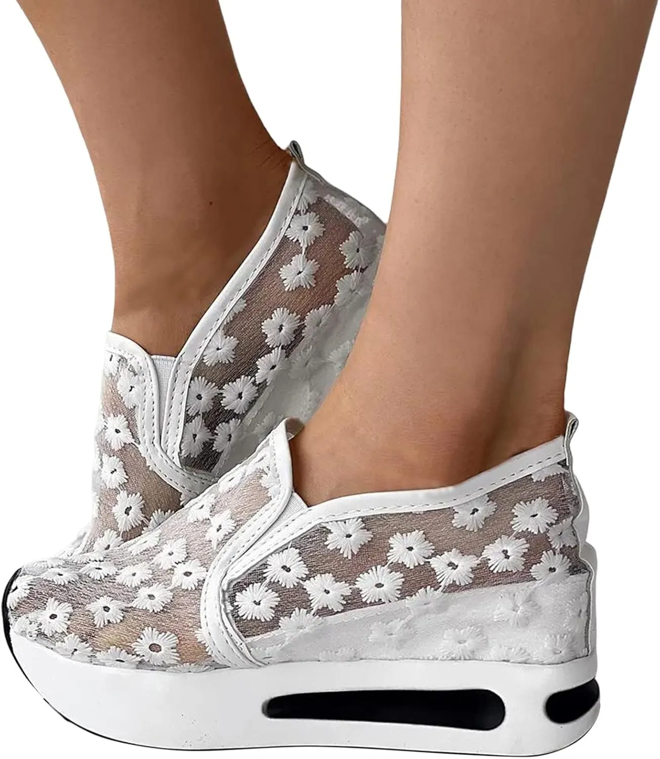 ZBYY Sneakers for Women Floral Embroidery Breathable Mesh Sneakers Slip On Sneakers Platform Wedge Sneakers Dressy Loafers