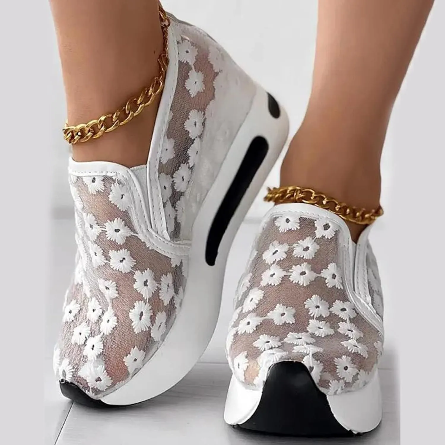 ZBYY Sneakers for Women Floral Embroidery Breathable Mesh Sneakers Slip On Sneakers Platform Wedge Sneakers Dressy Loafers