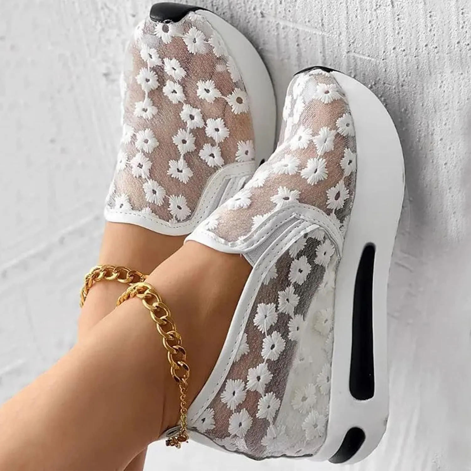 ZBYY Sneakers for Women Floral Embroidery Breathable Mesh Sneakers Slip On Sneakers Platform Wedge Sneakers Dressy Loafers